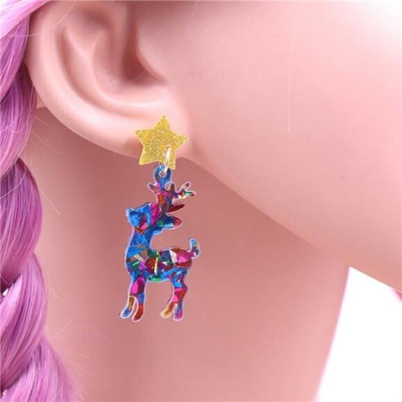 Acrylic Christmas Reindeer Dangle Earrings - Picture 2 of 5